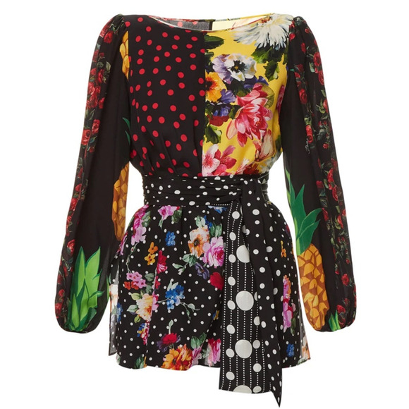 NWT DOLCE & GABBANA Printed Patchwork Blouse Belted Multicolor IT 44 L - Picture 6 of 9